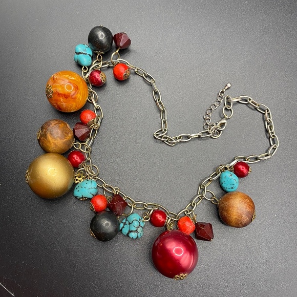 Boho Necklace Acrylic & Wood Beads Silver Tone - Picture 1 of 6